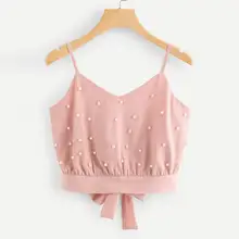 אופנה נשים אפוד שיפון חולצה ללא שרוולים קלע פס פרחוני חולצות מוצק פרל ואגלי Camis טנקי יבול נקבה Streetwear(China)