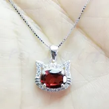 Натуральный гранат милый кот стиль Ожерелье Подвеска Серебро 925 1ct драгоценный камень# X952110