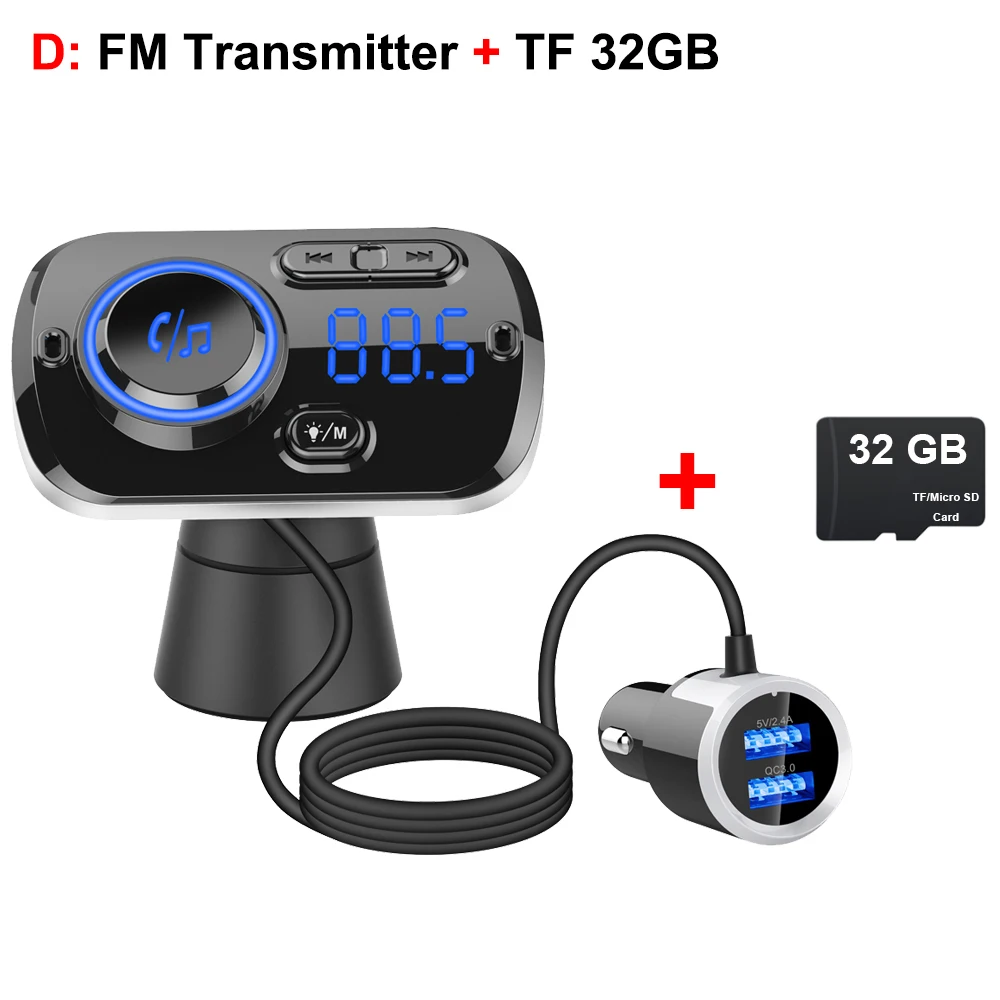 Fm-передатчик Bluetooth V5.0 Авто беспроводной радио Автомобильное зарядное устройство адаптер MP3 с QC3.0 Зарядка Поддержка USB TF карта окружающий светильник - Название цвета: D-FM Transmitter 32G