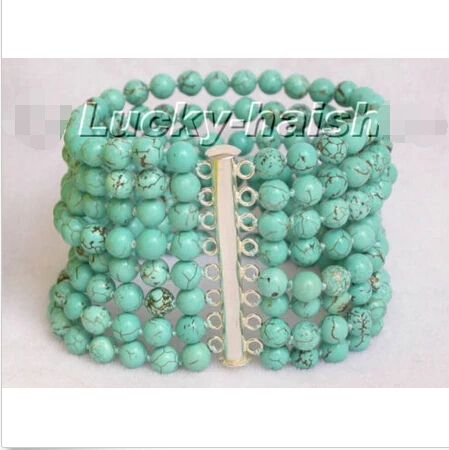 

Genuine 8row natural round turquoise bead bracelet 925s e SHIPPING 5.26