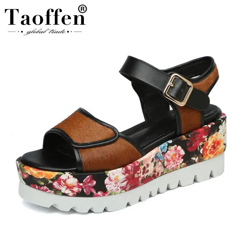 

Taoffen Young Ladies Flowers Real Leather Fashion Thick Bottom Sandals Lazy Daily Platform Summer Spring Shoes Women Size 33-43