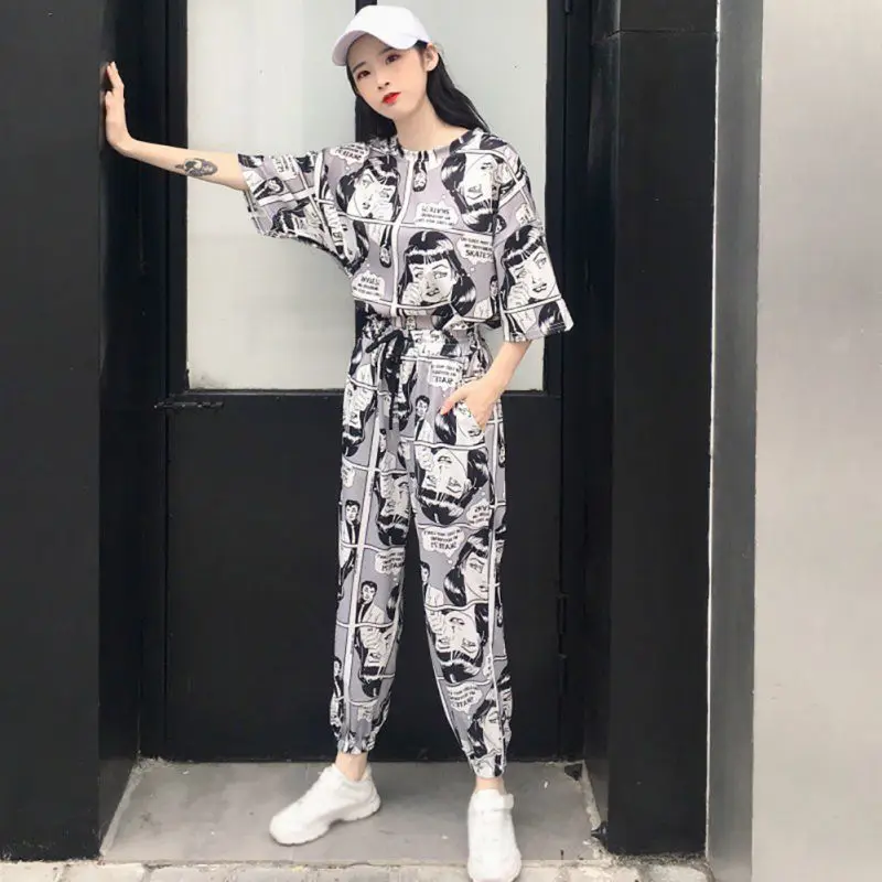 

2 Pcs/Set Harajuku Cartoon Printed Short Sleeves T Shirt Tops+Long Pants Korean Casual Tracksuits Suit Hip hop