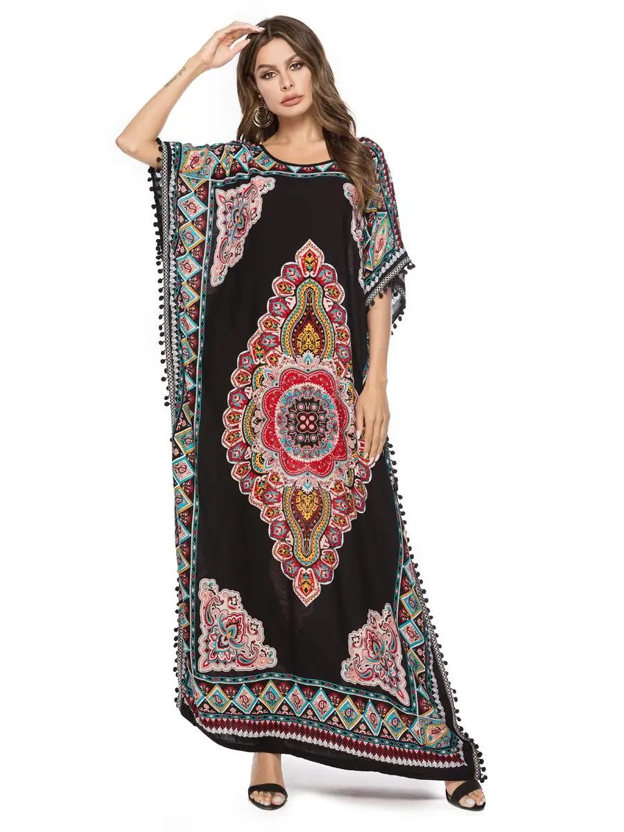 Рамадан этнический цветочный абайя женское Бохо длинное платье Летний халат джилбаб Африканский кафтан хиппи Кафтан Макси пляжный накидка размера плюс
