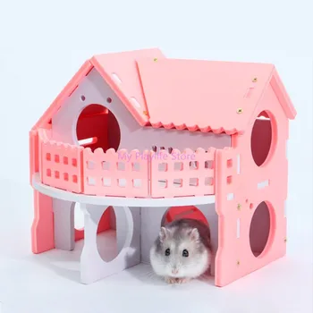 

Small Pet Hamster House Wooden Double Layer Villa Balcony Nest Play Hiding Place Sleeping Cage Squirrel Chinchilla Guinea C42