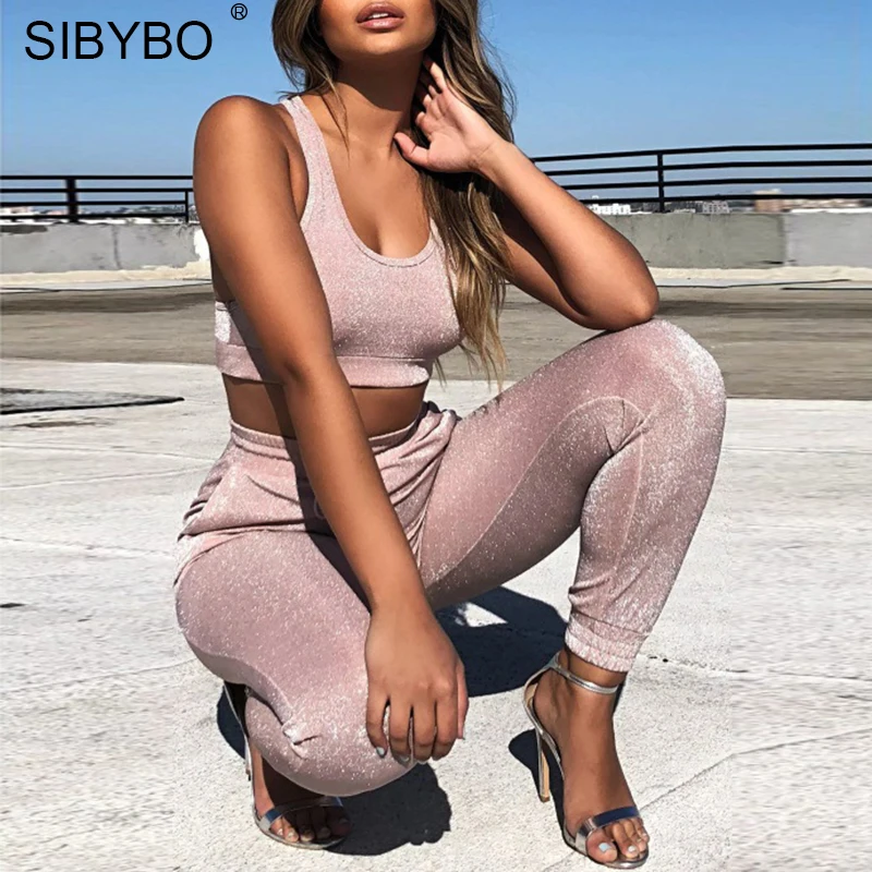 

SIBYBO Sparkly Casua Two Piece Set 2019 Summer Autumn Sleeveless Backless Crop Top Drawstring Slim Women Tracksuit Matching Sets