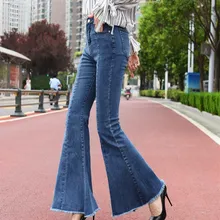 Размера плюс Для женщин Высокая талия джинсы-клеш Модные ботильоны с кисточками карман узкие эластичные джинсовые штаны синие повседневные штаны