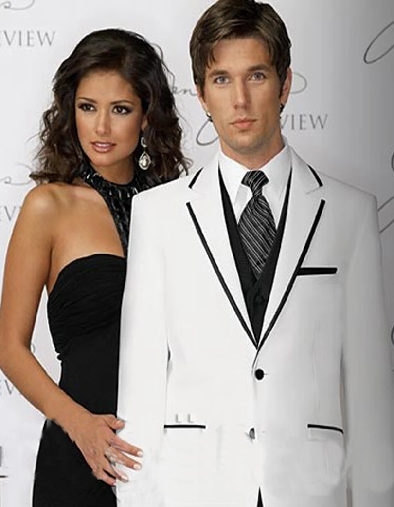 White with black trim jacket and black Vest For Man Clothes Groom