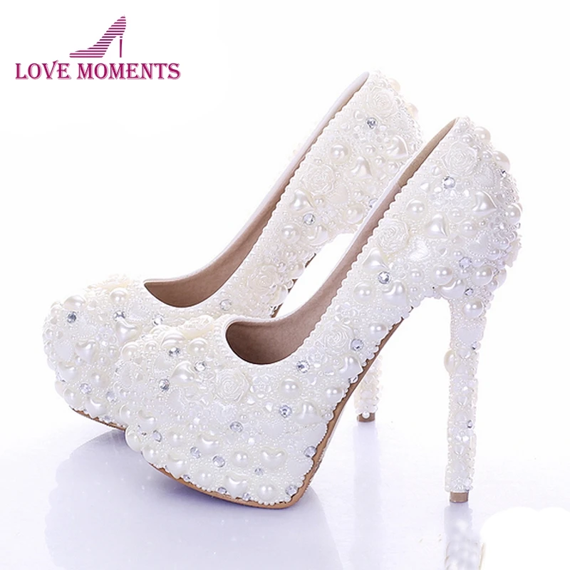 

New Diamond Wedding Shoes Ivory Color Pearl Bridal Dress Shoes Beautiful Crystal High Heel Party Prom Shoes Platforms