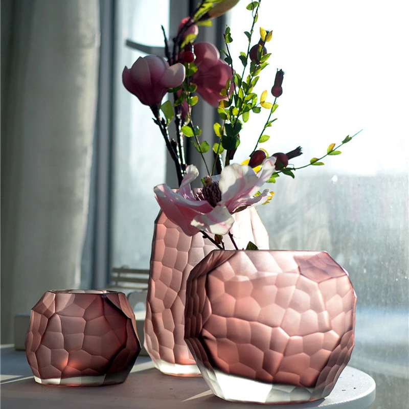 

Coloured glass vase Manual grinding carved Modern StyleTabletop Flower vase Geometric wedding vases home decoration accessories
