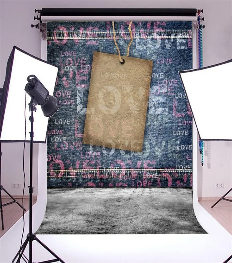 

Photography Backdrop Denim Love Texture with Cardboard Label and Gray Floor Photo Background Party