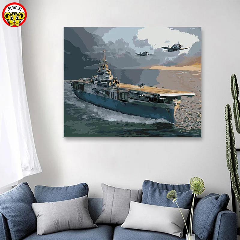 

Military battleship aircraft carrier two aircraft small battle drawing coloring on canvas paint by numbes art painting by