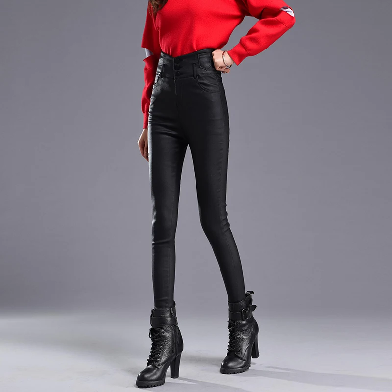 Осенне-зимние женские бархатные кожаные брюки с высокой талией, эластичные Блестящие брюки, женские кожаные брюки-карандаш, женские брюки