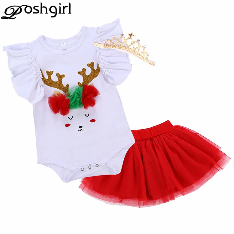 

3PCS Newborn Baby Girls Princess Deer Christmas Flying Sleeve Romper Jumpsuit TUTU Skirts Headband Birthday Outfit Clothes Set