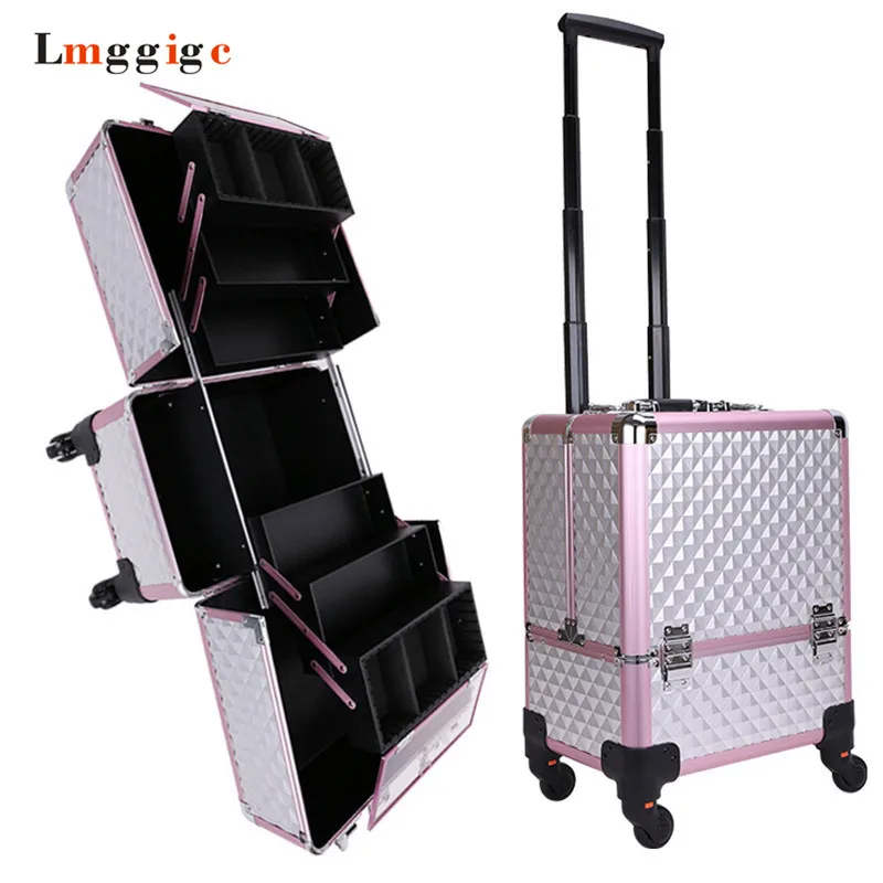 

New Aluminum frame+ABS Cosmetic Case,Cabin Makeup artist Toolbox,Wheel Trolley Nails Make-up Bag,Luggage Rolling Suitcase Box
