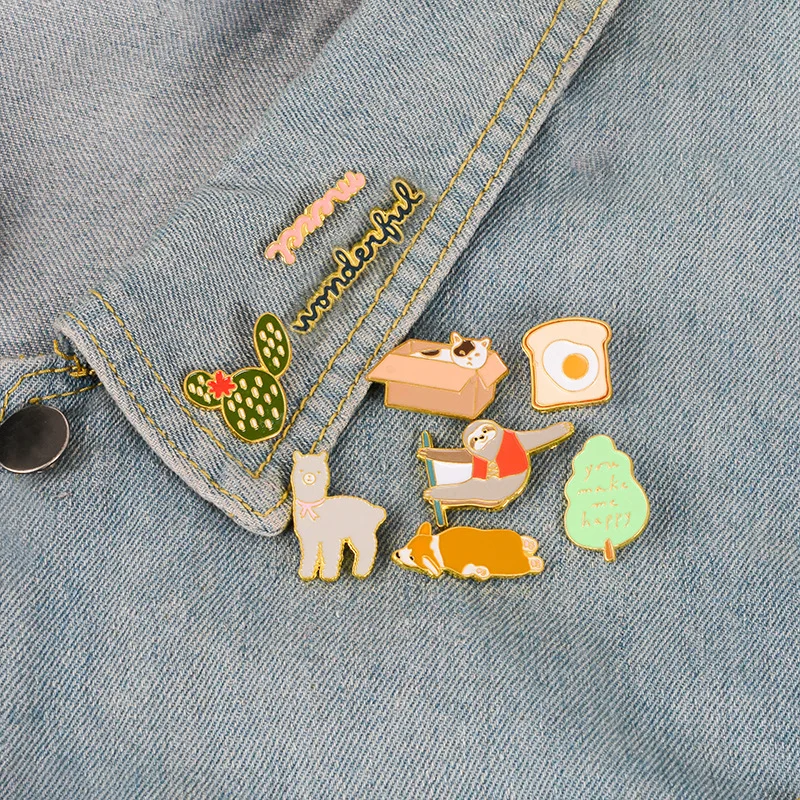 

Corgi Sloth Alpaca Cat Enamel Pin Toast Cactus Tree Merci badge brooch Lapel pin Denim Jeans shirt bag Cartoon Jewelry Gift