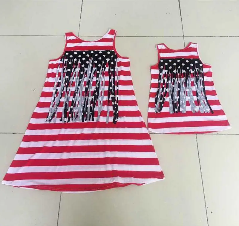 Mother And Daughter American Flag Dress Baby Girls Tassel Dresses Kids And Parents Summer Sun Dresses Family Matching Outfits