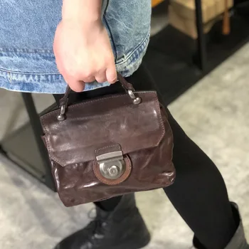 

2019 Vintage Genuine Cow Leather Tote handmade For Women Vintage Office small Handbag Brand Designer Soft Cowhide Shoulder Bag