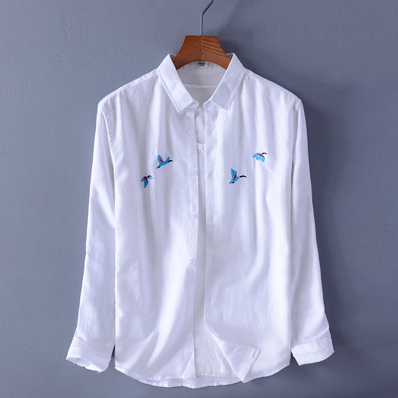 

2019 New arrival long sleeve white shirts men brand embroidery casual shirt mens square collar shirt male camisa chemise