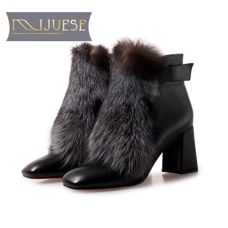 Botines MLJUESE 2019 para mujer, cremalleras de cuero de vaca, pelo de  zorro, punta cuadrada, botas de tacón alto, botas cortas de felpa cálidas  de invierno|Botas hasta el tobillo| - AliExpress