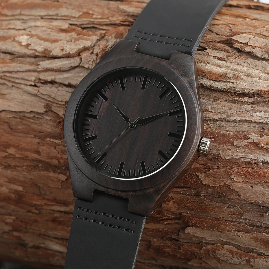 Unique Full Black Men's Ebony Wood Watch Luxury Gifts Light Bamboo Analog Quartz Wristwatch with Genuine Leather Reloj de madera 2017 2018 Christmas Gifts for Men (11)