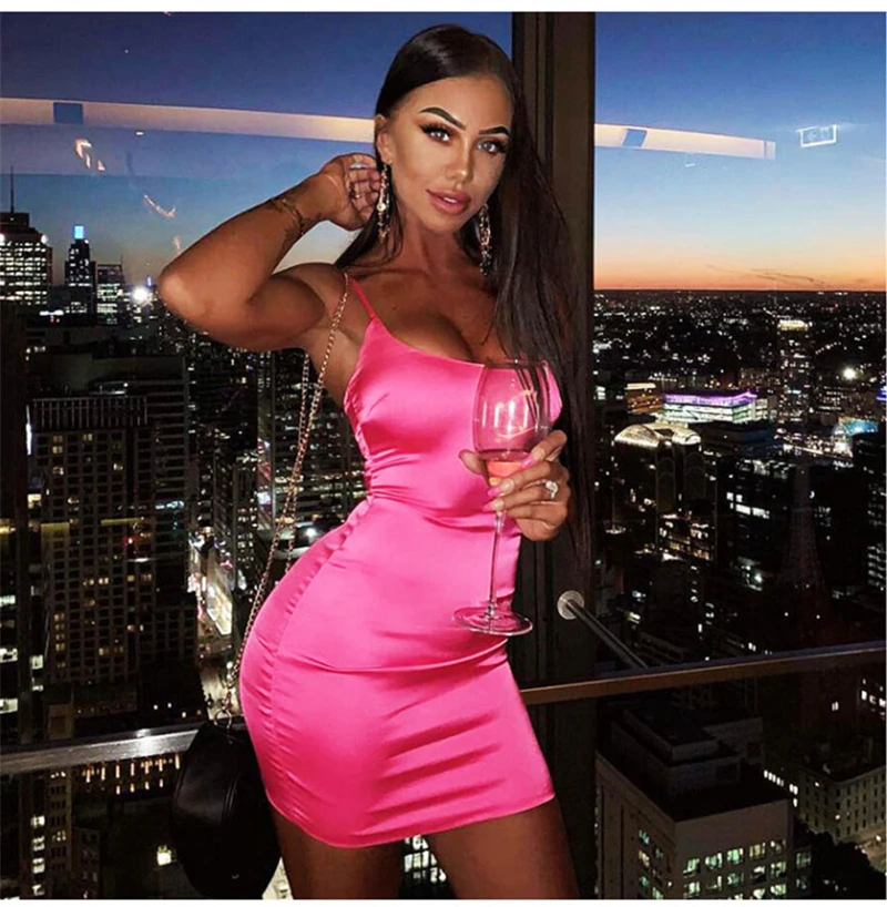 Parthea Lavender Satin Dress Women Sexy Low Cut Backless Bodycon Dress Pink Party Club Wear Mini Dress Black Vestidos Robe Femme