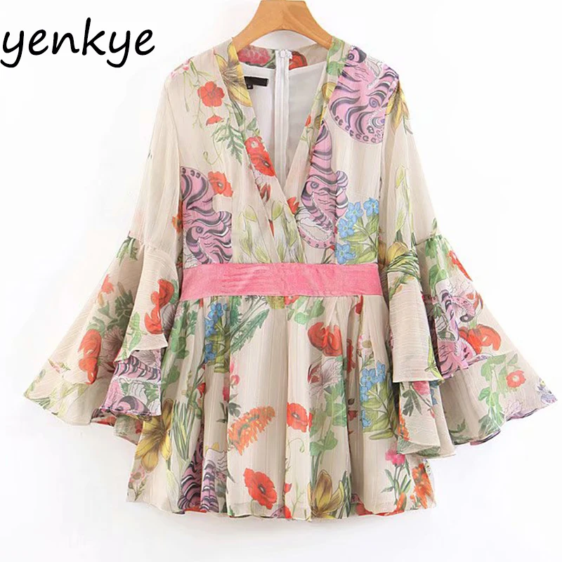 

Multicolor Floral Print Holiday Summer Boho Jumpsuit Women Layered Flare Sleeve V Neck Chiffon Jumpsuit Short Romper mono mujer