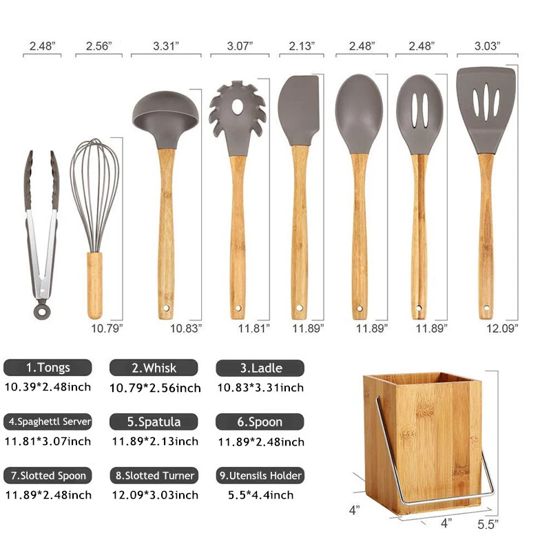LMETJMA Silicone Kitchen Utensils Set 9-Piece Cooking Tools Set with Bamboo Holder Non-stick Cookware KC0212