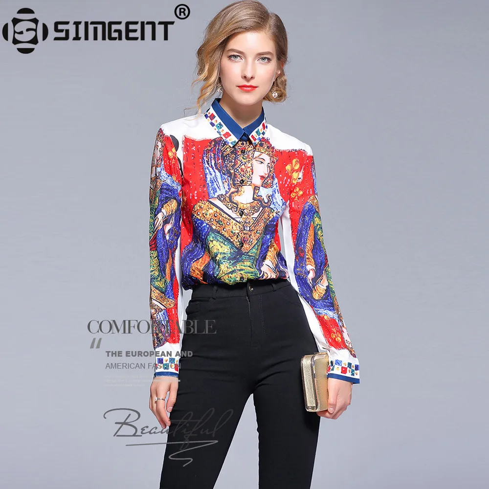 Simgent Mujer Blusa с длинным рукавом и отложным воротником, модные рубашки с принтом в виде покера, женские блузки, топы, повседневная женская одежда, SG87252