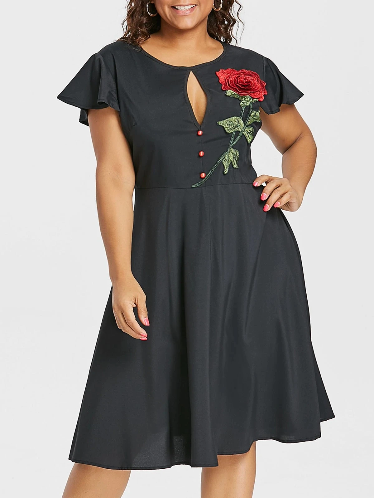 Buy Gamiss Plus Size Rose Embroidered Buttons Dress