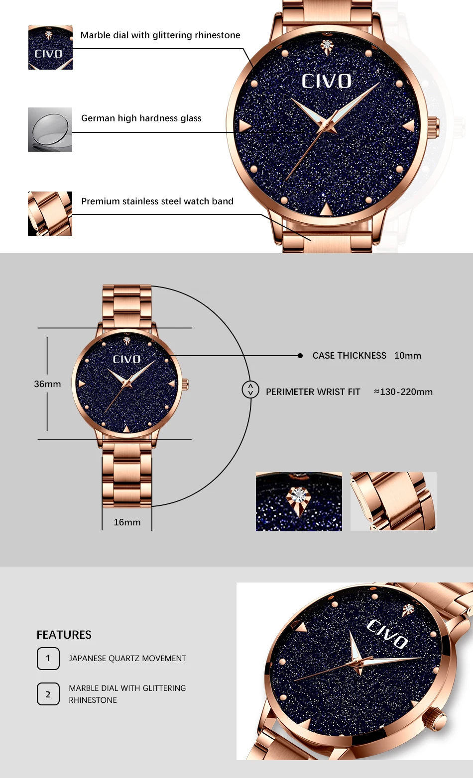 CIVO Relógio Criativo Aço Inoxidável Ladies Watch