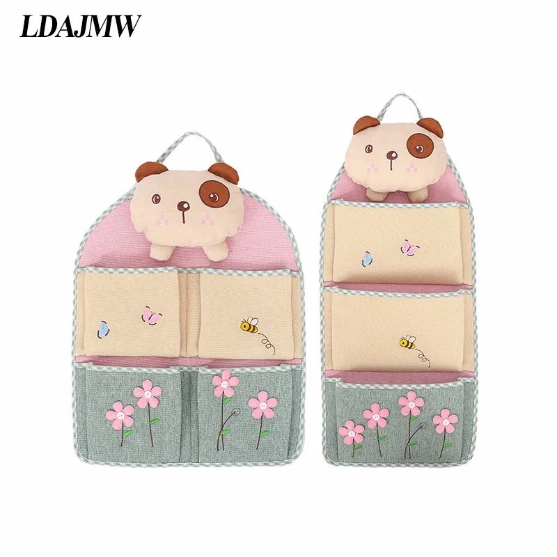 Ldajmw لطيف الكرتون الكتان القطن 1-4 جيوب شنقا أشتات تخزين المنزل منظم وراء الباب/على جدار