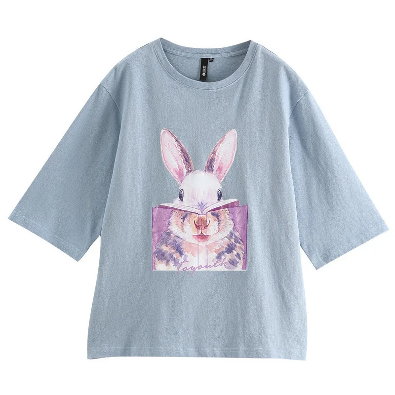 Toyouth Летняя женская футболка с милым рисунком кролика для девочек, Повседневная Свободная рубашка с круглым вырезом и коротким рукавом, Базовые Женские топы - Цвет: blue