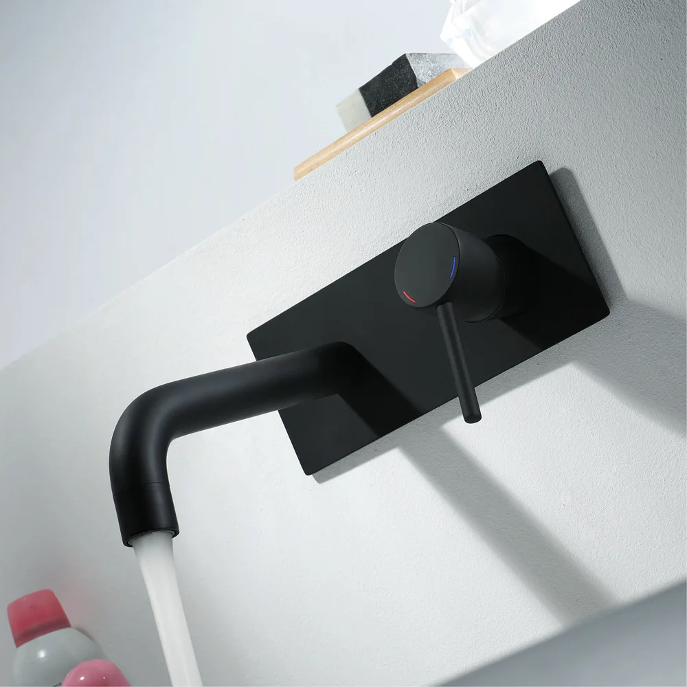 Basin Faucet Black Brass Hot and Cold Water Mixer Tap Single Handle Wall Mounted Bathroom Sink Faucets With Embedded Box