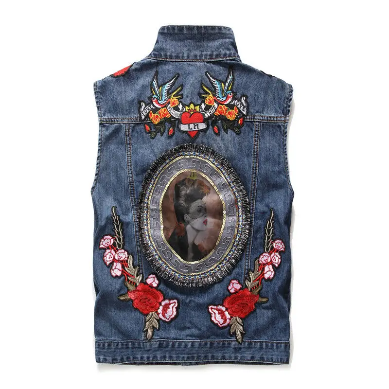 Newsosoo Fashion Men Denim Vest With Rose Flower Embroidery Patchwork Slim Jeans Waistcoat Male Sleeveless Jackets Size M-XXXL (1)
