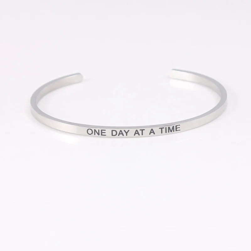

"ONE DAY AT A TIME"316l Stainless Steel Bar Engraved Positive Inspirational Quote Cuff Mantra Bracelet Bangle For Men Best Gifts