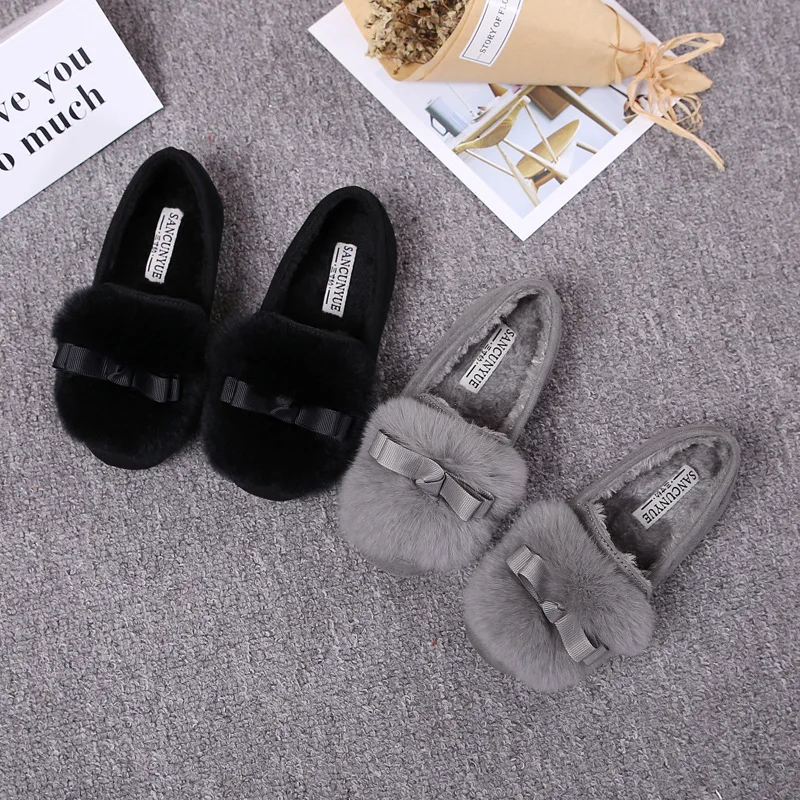 

Cute Princess Shoes Velvet Bowknot Girls Flat Shoes Real Rabbit Hair Baby Loafers Kids Warm Shoes Slip on Childrens Winter Shoes