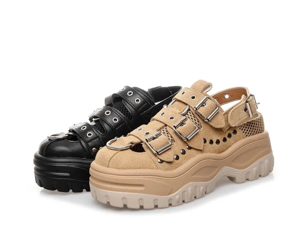 SWYIVY Female Retro Shoes Genuine Leather Platform Sandals Rivet 2019 Summer Casual Shoes Sandals For Woman Chunky Sandal Nice