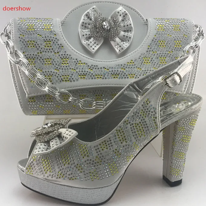 

doershow sliver To Match African Wedding Shoes and Bag Set Rhinestone Italian Shoes With Matching Bag Nice Fashion PMB1-7