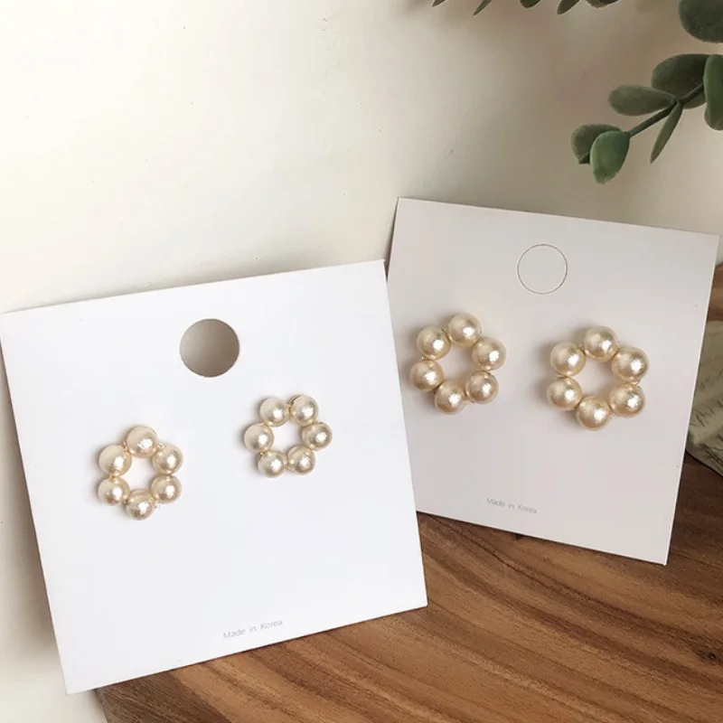 HUANZHI Japan New S925 Silver Needle Geometric Circle Flower Cotton beads Pearl Stud Earrings for Women Girls Wedding Party