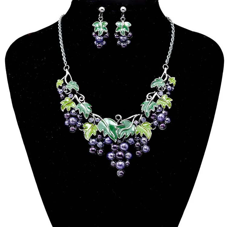 

New Arrival Rhinestone Crystals Cute Enamel Leaf Grape Necklace Set for women Free Shipping