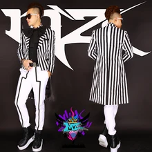 S-XXXL, новинка, новинка, для ночного клуба, для мужчин, певец, DJ, сценический смокинг, GD, черный и белый полосатый костюм, наборы, костюмы певицы