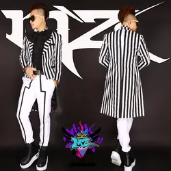 S-XXXL Новинка 2018 года для ночного клуба певец DJ этап смокинг костюм GD Черный и белый цвета в полоску комплекты певица костюмы