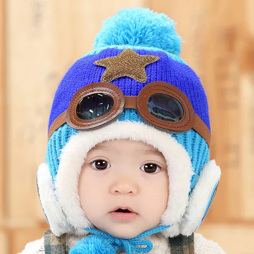Милая зимняя детская шапка, теплая шапка для малышей, Шапка-бини, крутая зимняя шапка-пилот для маленьких мальчиков и девочек, шапка для детей 5-30 месяцев - Цвет: Синий