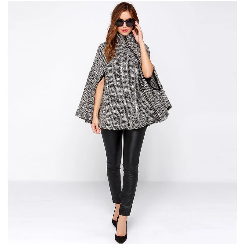 2016 New White Wool & Blends Women Outwear Coat Autumn Winter Fashion Long Cape Poncho Cloak British Style Mantle Zipper Clothes