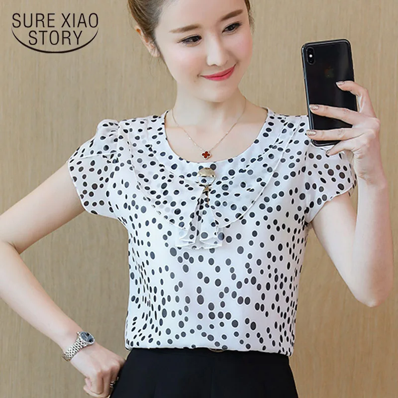 

2019 New Short Sleeve Printing Chiffon Shirts Lady Summer Plus Size Office Lady Slim Was Thin Casual O-Neck Women Tops 4788 50