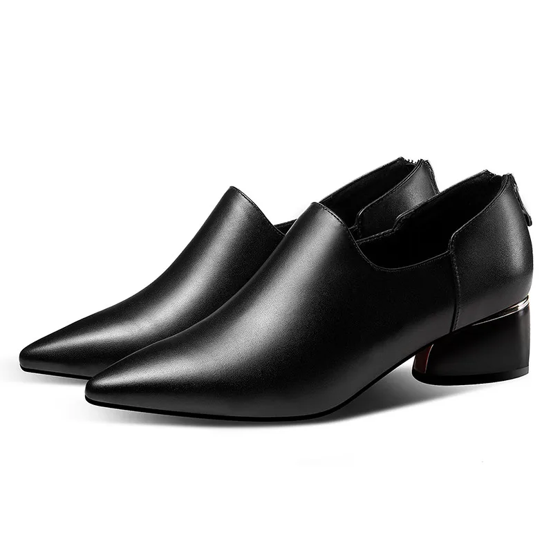 YMECHIC/; туфли-лодочки из натуральной кожи на среднем каблуке; женская обувь; цвет черный, бежевый; женские офисные туфли с острым носком; женская обувь размера плюс - Цвет: Черный