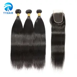 TTHAIR перуанский прямые волосы не Волосы remy продукты 3 Связки с 4*4 закрытие кружева 100 человеческих волос Weave пучки