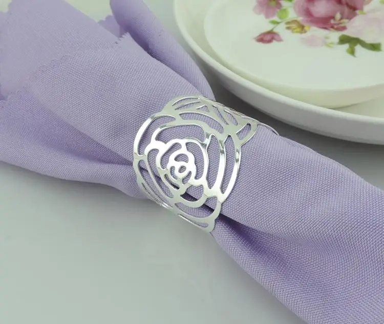 

silver gold Napkin Rings wedding napkin holder Wedding favors decoration Supplies pierced rose shaped metal ring for napkin