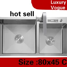 Квартира кухня ручная раковина двойной паз мыть овощи 304 нержавеющая сталь vogue Горячая 80x45 см