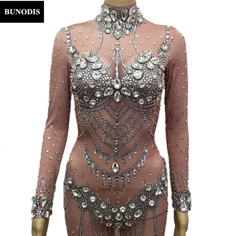 BU066 Sexy Diamonds Bodysuit lleno de cristales brillantes mono
